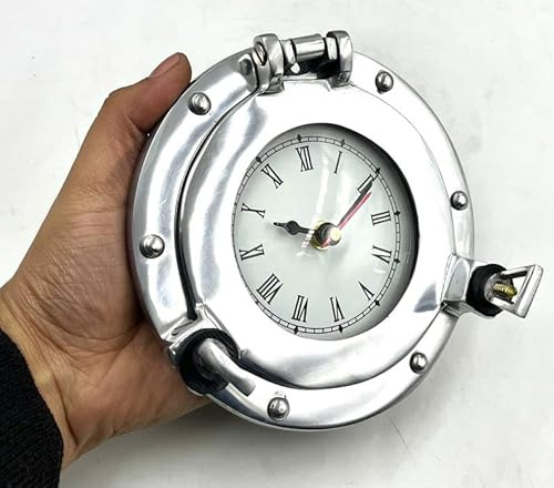 8 Nautical Maritime Ship's & Boat Clock Marine Time Beach Style Quartz Wall Clock Porthole ~ Home Décor Gift, Housewarming Gift (Chrome)