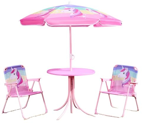 OHS Kids Table and Chairs Sets, Kids Garden Furniture 4 Piece Outdoor Table and Chairs 2 with Parasol Playtimes Balcony Patio Outdoor Dining Set Bistro Sets for 2 for Garden, Pink - Unicorn