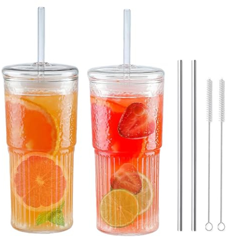 Aegistus 650ML Ribbed Glass Tumblers with Lids and Straws, Set of 2, Leakproof Cups, Coffee Glasses, Iced Coffee Cup, Glass Tumbler with Straw and Lid for Iced Coffee, Cocktail, Tea, Smoothie