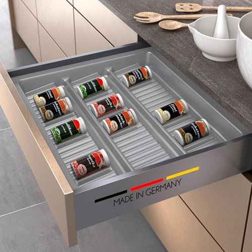 Spetebo Inserto per cassetti in plastica per spezie – per 60 x 50 cm – Inserto per spezie grigio argento per cassetti da cucina – Porta spezie per cassetto portaspezie Made in Germany