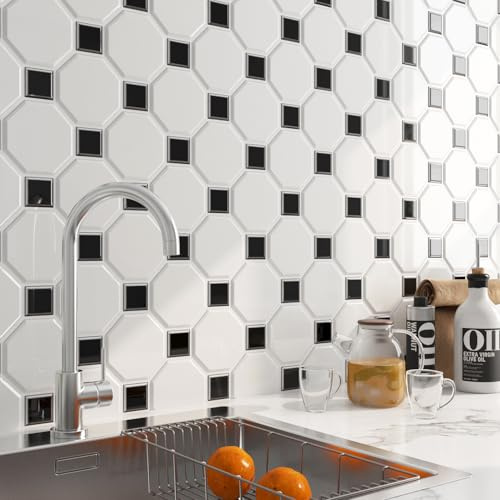 FunStick Azulejos Adhesivos Cocina 3D Hexagonal Blanco Vinilo Adhesivo Pared Baño Azulejo Negro Cuadrado 30CMx30CM 5 Baldosas Adhesivas Pared 3D Hexágono Blanco Vinilo Adhesivo Azulejos Cocina Baño