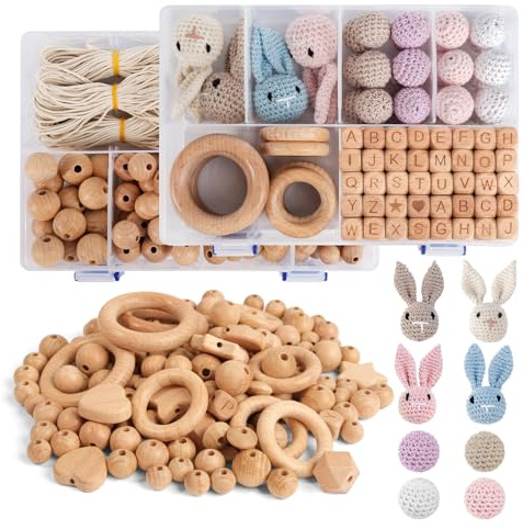 Artebeads Holzperlen Holzringe Set, 322 Stück Beech holzperlen Rund Holzkugeln mit Loch zum Auffädeln, Buchstaben gehäkelt Holz Perlen für Makramee basteln DIY Schmuck Zubehör