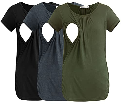 Smallshow 3 Pack Amningstoppar Korta ärmar Sida Ruched Amningskläder,Army Green-Black-Deep Grey,XL