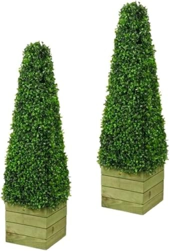 Artificial Pyramid Tree – 3ft (90cm) Tall – Single or Pair – UV Resistant, Weatherproof Cone Topiary – Pre-Potted in Stylish Wooden Planter – Indoor & Outdoor Decor (Pair)