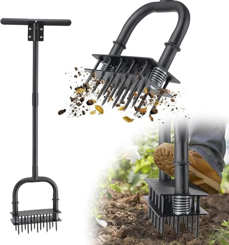 Aireador de césped, herramienta de césped manual de 139 cm de largo, aireador de núcleo de mano de obra con 14 picos de acero, aireador manual de césped para césped, jardín, patio