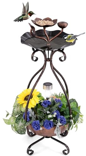 GYMAX Mangeoire Solaire pour Oiseaux d'Extérieur, Bain pour Oiseaux avec Lumière Solaire LED, Jardinière Inférieure à Fleurs, Cadre Métallique, Décoratif Vintage pour Jardin, Pelouse, Patio (Cuivre)
