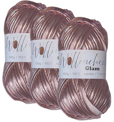 Wollinchen Glam – Metallic T-Shirt Garn 100 % Polyester, 100 g – Glänzendes Häkelgarn – Stretchy & Stabil – Ideal für Taschen, Deko, Makramee & DIY (metallic roségold)