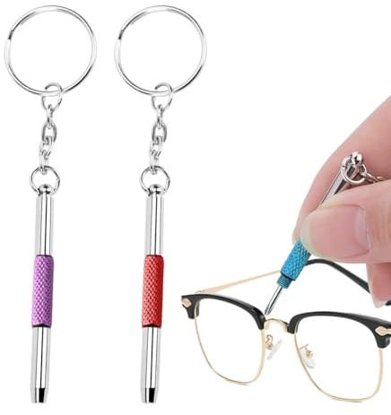 Set of 2 Mini Glasses Screwdriver, 4-in-1 Stainless Steel Screwdriver Glasses Repair Set, Glasses Tool Set Small with Key Ring, Portable Screwdriver for Glasses, Jewellery and Watches R