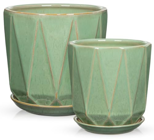 Oairse 2er-Set Blumentopf Keramik 18cm+14cm, Mittelgroßer Zylinder Blumentopf, Reaktive Glasur mit Drainageloch-Untersetzern für Zimmerpflanzen, Retro-Dekoration für Gartenbehälter-Sets im Freien