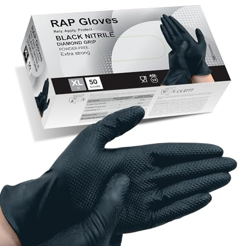 RAP Gloves 50 Black Nitrile Disposable Gloves XL Heavy Duty Mechanic Grip | Latex free, powder free, extra thick diamond texture grip, non slip, for workshop, automotive and garage