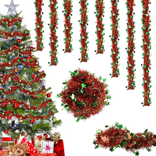 Lametta Weihnachtsbaum Rot Grün- 6PCS Weihnachtsdeko Lametta Girlande Weihnachtsgirlande mit Stern 12M Glitzer Christmas Girlande Deko Weihnachten Outdoor Weihnachtsbaum Tür Treppen Girland Deko
