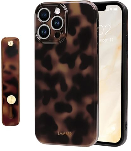 NITITOP for iPhone 14 Pro Max Case Leopard Kickstand, Dark Brown | for Women Girls Men, Cute Amber Tortoise Design, with Wrist Adjustable Hand Strap, Soft TPU Cover, Full Camera Protection