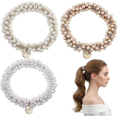 Nogeqi 3PCS Pearl Hair Scrunchies for Women, Decorative Beaded Hair Tie, Elastic Ponytail Holder Accessories for Women Girls (Beige, White and Gold)