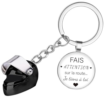 BMGRKYQX Porte-clés Voiture Moto avec Casque Porte Clef Pendentif Personnalisé avec Fais attention sur la route Cadeau pour Homme Femme Ami