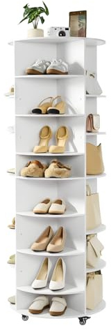 VEVOR Zapatero Ajustable, Armario para 28 Pares de Zapatos, 7 Estantes y 4 Compartimentos, Giratorio 360°, con Ruedas, Ideal para Dormitorio, Sala de Estar o Recibidor, Blanco, 588 x 588 x 1646 mm