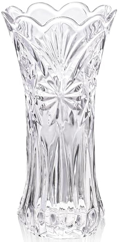 JASVIC 30CM Crystal Flower Vase with Starburst Design, Tall Glass Vase | Clear Glass Decorative Vase for Roses Tulips Lilies, Modern Centerpiece for Living Room Dining Table or Office, Wedding