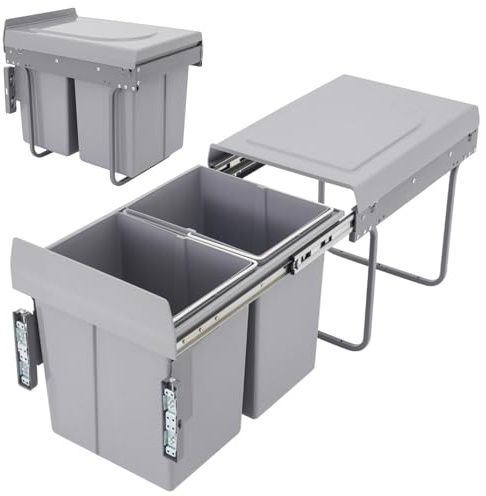 DAOHHFO Froland Poubelle encastrable avec fixation inférieure, 2 bacs extensibles de 20 l, antidérapante, système de tri des déchets, grise