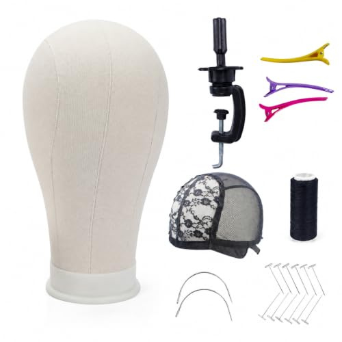Aoisvk 24 Inch Canvas Wig Head White Mannequin Head with T Pins and Clamp Stand Canvas Block Head for Wig Making/Display/Styling