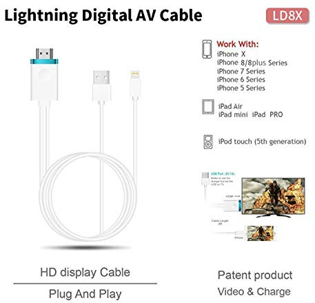 MUNDDY Cable Adaptador HDMI TV HDTV y Cable USB 1080P para iPhone 5 5S 5C 6 6S 6 Plus 6S Plus 7 7 Plus 8 8+ X XR XS XS MAX..