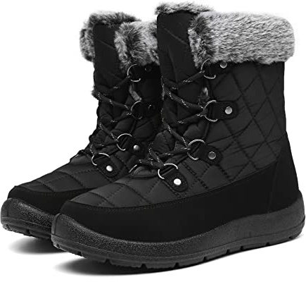 Bella Bays Kvinnor vinter snöstövlar damer päls fodrad varm utomhus snörning dragkedja platt vattentät termisk halkfria ankeltossor promenadskor svart/grå/röd/blå storlek UK 3-9, Svart, 40 EU
