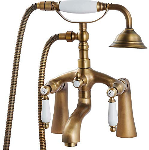 Robinet de Baignoire à Double Poignée - Montage sur Pont avec Douche à Main, Mitigeur de Salle de Bain Vintage en Laiton, Antique Brass