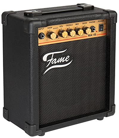 Fame MA-15 Transistor Combo Verstärker für E-Gitarre, 15 Watt, 1x6,5 Zoll Lautsprecher, 3-Band Equalizer, Overdrive-Sounds Boost-Schalter, Kopfhöreranschluss, Ideal für Unterricht und Bandproben