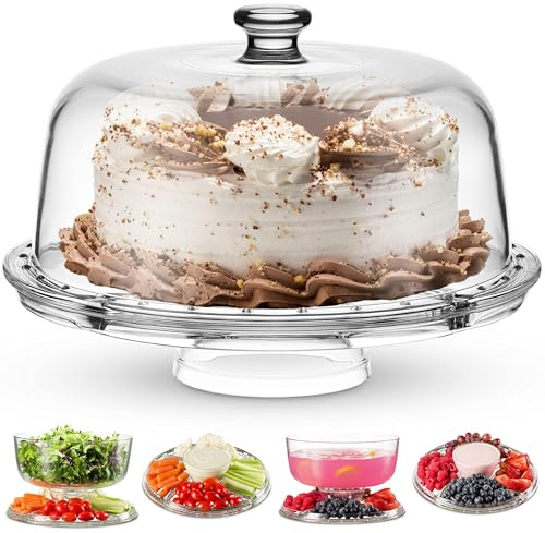 Godinger Cake Stand and Serving Plate Platter with Dome Lid, 6 in 1 Multi-Purpose Use, Crystal Glass Footed Cake Stand, Salad Bowl, Cake Plate, Fruit Platter - Made in Italy