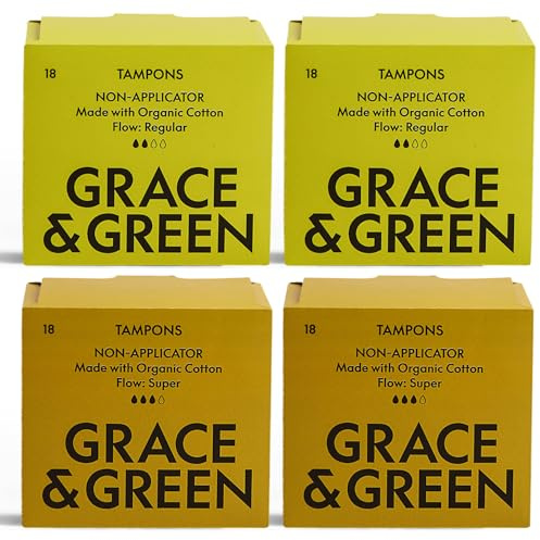 Grace & Green 72 Non-Applicator Tampons - Regular & Super Size - Eco-Friendly Period Products | Biodegradable Packaging | B-Corp Certified | Safe & Sustainable | 2 Packs x 18 Regular & 18 Super Size