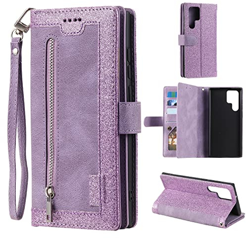 EYZUTAK Handyhülle für Samsung Galaxy S23 Ultra,Flip Case Lederhülle Reißverschluss Magnetverschluss Brieftasche mit 9 Kartenfächern Standfuntion Retro Matt Ledertasche-Glitzer Lila