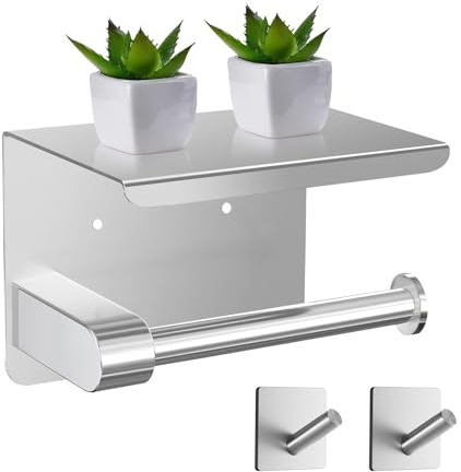 WC Papier Halterung ohne Bohrung - Klopapierhalter aus Edelstahl mit Ablage, Toilettenpapierhalter ohne Bohren (2 Haken), Klorollenhalter für Wandmontage(Klebeinstallation und Bohrinstallation)
