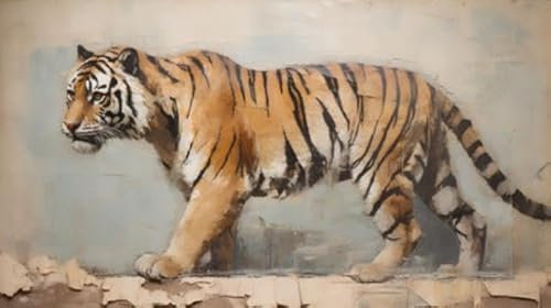 Acryl-Bild 70 x 40 cm: Skizze eines Tigers auf einer alten Mauer, abstrakte Malerei (212913634)