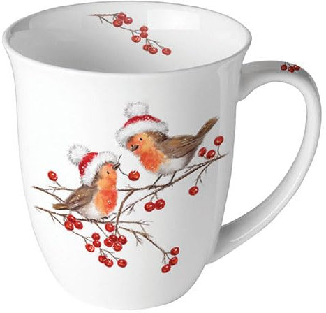 Ambiente Tasse à café Tasse à thé 0,4 l en porcelaine fine Série Noël Robin Rouge-gorge oiseaux branches hiver Noël Avent
