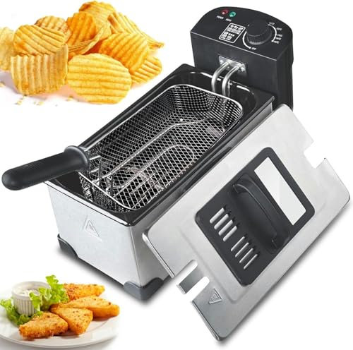 LYJYUJIE Freidora con Cesta para freír, freidora de 3 l, Acero Inoxidable, Tapa de Vidrio Templado Visible, Piezas aptas para lavavajillas, freidora de Aceite para Pollo Frito, Patatas Fritas y más~/