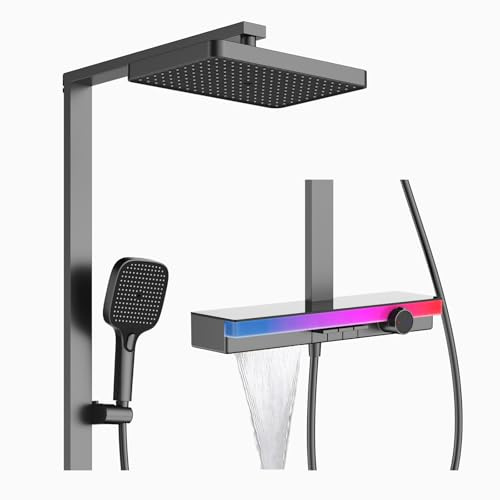 Duschsystem LED Sensor Farblicht Duschet Regendusche Set LED Temperaturanzeige Duscharmatur Komplettset 3 Funktional Duschgarnitur mit Regendusche, Handbrause, Wasserfall Wannenauslauf