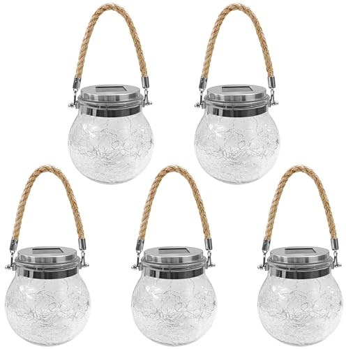 Bosreroy 5 Pack Solar Crackle Ball Mason Jar Lid Lights with 30 Led String Lights, Stainless Steel Outdoor Lighting for Gardens, Parties, and Christmas