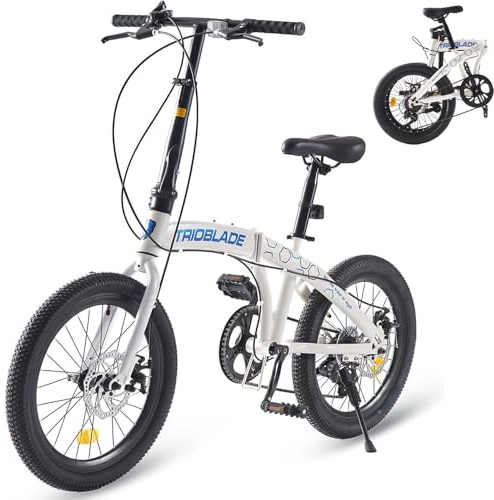 LSBIKE Folding Bike, 20Inch Foldable Bike Bicycle 7 Speed Drivetrain Road bike Disc Brake City Bike for Adult Lightweight Portable bike for Women Men Teenager (BlueWhite)