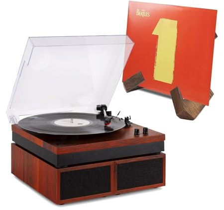 Fenton RP165C Bluetooth Turntable Record Player with Speakers & Wooden Vinyl Holder, Cherry Finish, Record Turntable Set for 33/45/78 RPM Vinyl Records