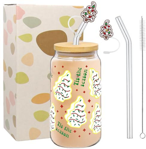 Tazza di Natale, bicchiere in vetro con coperchio e cannuccia, 500 ml, in vetro con albero di Natale, tazza da caffè di Natale, regalo di Natale per amici, donne, uomini