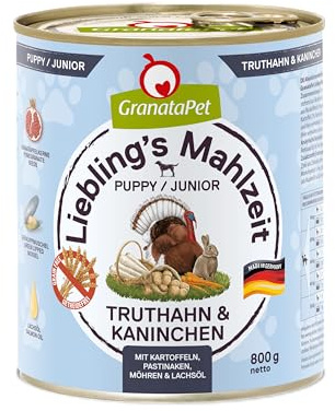 GranataPet Lieblings's Mahlzeit Pavo & Kaninchen Junior, Comida húmeda para Perros, Comida para Perros sin Cereales y sin azúcares añadidos, pienso Completo, 6 x 800 g