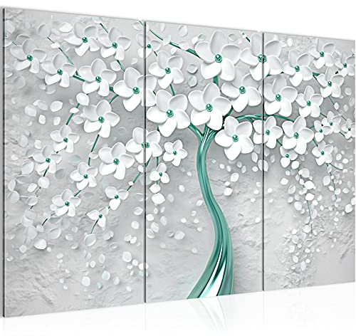 Runa Art Wandbilder Blumen Bild XXL Wohnzimmer Schlafzimmer Weiss Türkis Abstrakt Baum 120 x 80 cm 3 Teilig 039731b