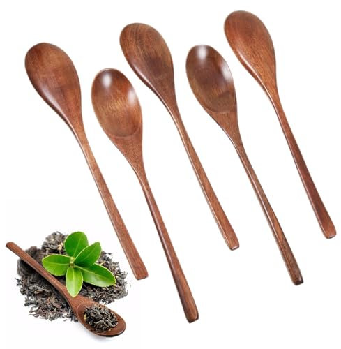 5 Stück Holzlöffel Set Suppenlöffel aus Holz Natürliche Holzlöffel mit Langem Griff Handgefertigte Esslöffel Müslilöffel Holz Kochbesteck Set für Suppe Brei Müsli Honig (22.5x4cm, Zählen, 5)