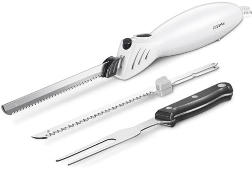 Reemix Elektromesser Küche Elektrisches Messer für Fleisch Küchenmesser Elektrisch für Brot, nutzbare Klingenlänge 15 cm, Edelstahl-Messerklingenpaare mit feiner und grober Zahnung (milchig weiß)