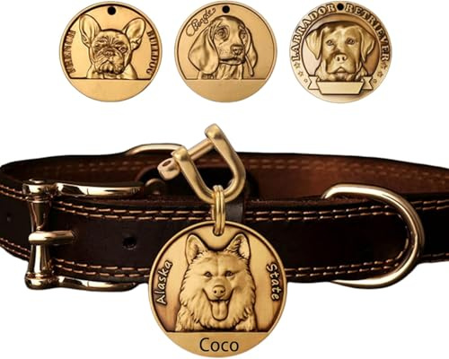 Hundehalsband aus Leder, personalisierbar, mit Kupfer-Erkennungsmarken, gravierter Name und Telefonnummer, weich und bequem für große, mittelgroße und kleine Hunde