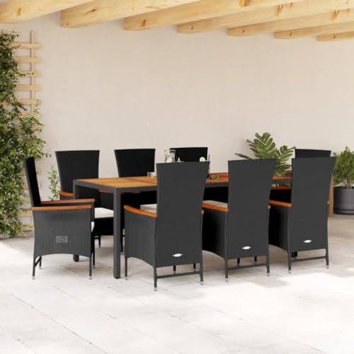 Somanki 9-TLG. Garten-Essgruppe mit Kissen Schwarz Poly Rattan, Esstisch Mit Stühlen Set, Gartenmöbel Sitzgruppe, Balkon Möbel, Gartenlounge Set, Terrassenmöbel, Balkonmöbel Set - 3277516