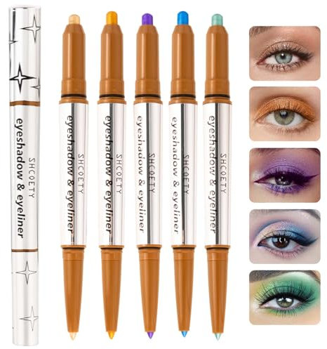 2-i-1 glitter ögonskuggspenna set, 5 färger dubbelhuvud ögonskugga och eyeliner pinne, skimmer eyeshadow pinne, eyeliner metallic mjuk krämig, ögonmakeup-set, långvarig vattentät