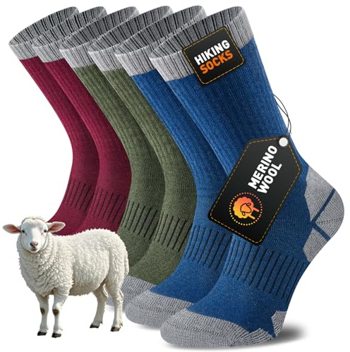 Niorasen Herrar Termosockor Merinoull Vandringsstrumpor för Män och Kvinnor, Vandringstrumpor, Dämpade, Antiskavsår, Prestanda Sportsockor för Löpning, Cykling, Trekking, Arbete, 3 Par