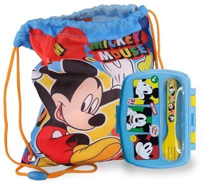 Sorrisini Sandwichera Infantil con Compartimentos y Cubiertos, Mochila Cuerdas Infantil, Bolsas Comida Infantiles, Contenedor Almuerzo, Bolsa Escolar, Mochila Gimnasio, Mickey