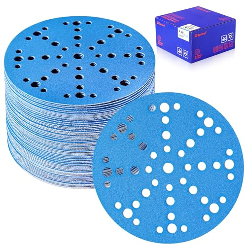 SpeTool 60 Pack 150mm 6 Inch Sanding Discs with 49 Holes, 320 Grit Hook and Loop Sandpaper Compatible with Random Orbital Sanders