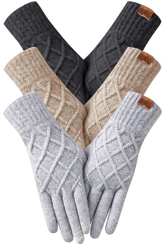 3 Pairs Winter Gloves for Women Touchscreen Elastic Thermal Knit Lining Warm Gloves for Cold Weather, Gifts for Christmas (Black+Light Grey+Khaki, Womens)