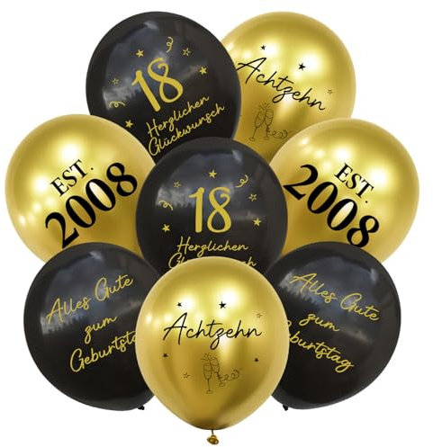 24 Stück Deko 18. Geburtstag Luftballons, 2008 Schwarz Gold Ballons 18 Alles Gute zum Geburtstag, Happy Birthday Luftballon 18 Jahre für Mädchen Junge Mann Frauen 18 Geburtstagsdeko Party Deko